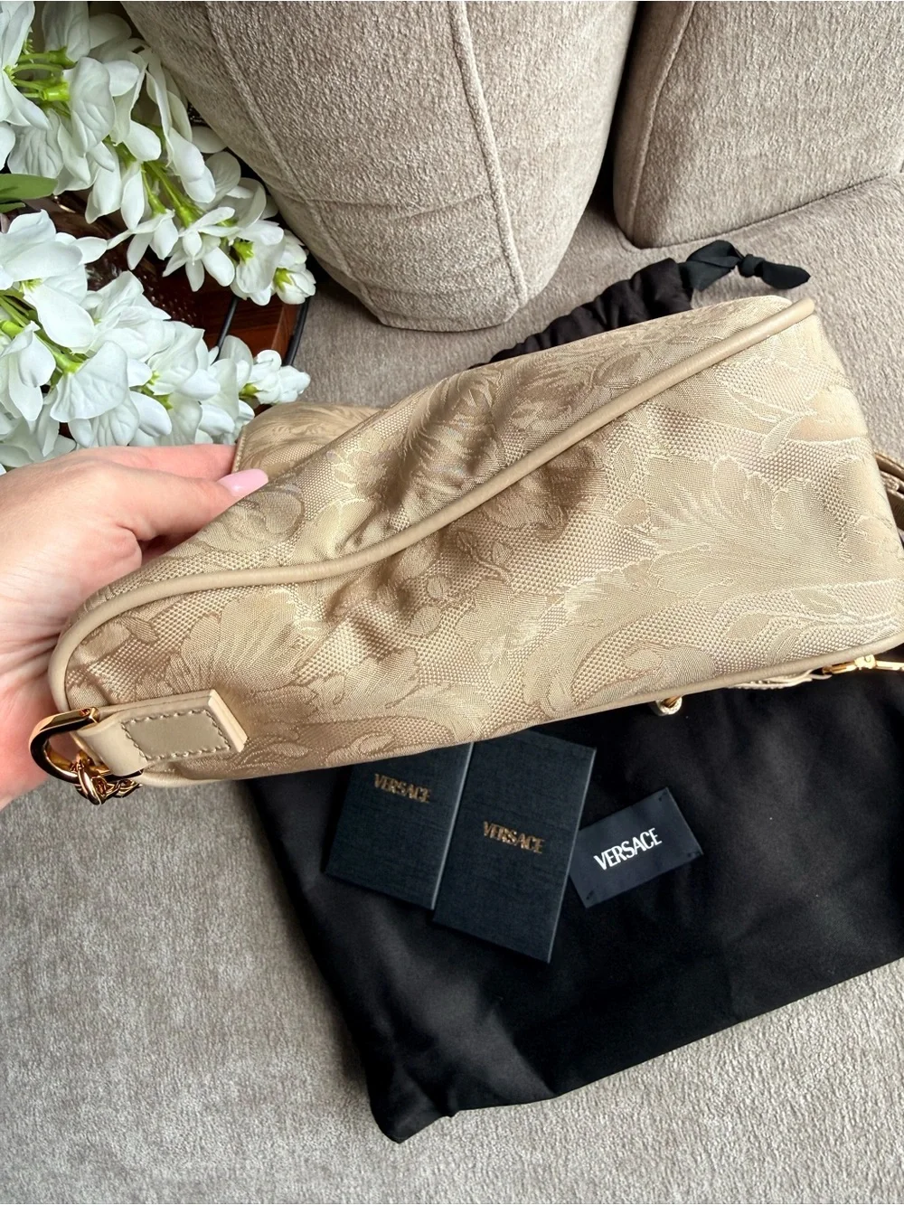 Versace Beige Floral Paisley Nylon Shoulder Crossbody Bag with Gold Chain New